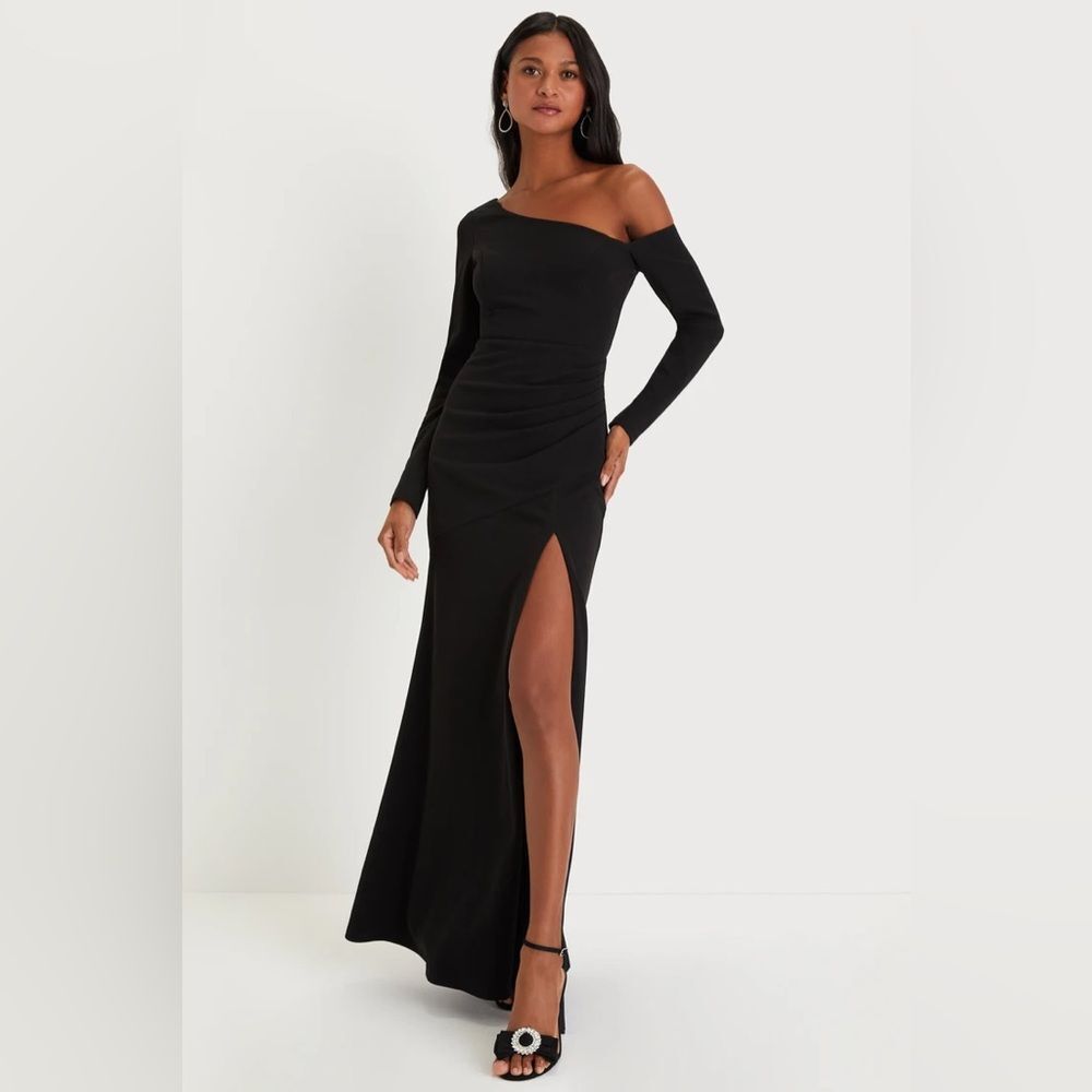 Lulus Elegant Sensation Navy Blue Asymmetrical Pleated Maxi Dress